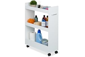Relaxdays Carrito Auxiliar Estrecho, 3 Compartimentos, 78 x 21,5 x 63 cm, Carro Baño y Cocina, con Mango, MDF, Blanco, Acero, Plástico, Tablero de Fibras