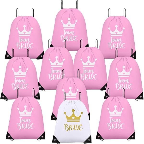 Lot De 12 Sacs De Gym 'Team Bride' Pour Enterrement Vie De Jeune Fille - Cordon De Serrage, Rose Et Blanc - 5