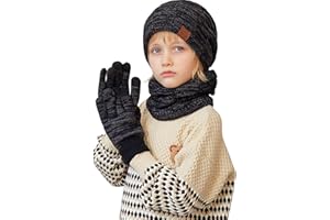 Runmeihe Kids Hat Scarf Gloves, 3 in 1 Winter Warm Knitted Set, Cold Weather Set with Knit Beanie Cap Touch Screen Gloves Circle Neck Scarf
