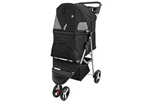 Actiaspet - Black Foldable Pet Stroller with Weather Protection and Swivel Wheels | 15kg Carrying Capacity