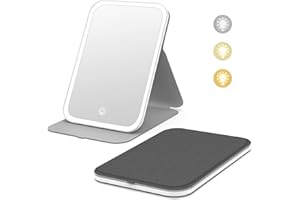 ‎KINTION Kintion Reise-Schminkspiegel, Tragbarer schminkspiegel mit Beleuchtung, Um 360° drehbarer led schminkspiegel, 3-farbig dimmbare Beleuchtung, Wiederaufladbarer kosmetikspiegel für den Tisch, Schwarz