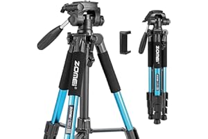 ZOMEI Q111 - Treppiede per fotocamera, in lega di alluminio, con testa girevole a 3 vie, piastra a sgancio rapido, supporto per cellulare e custodia, 47-140 cm (blu)