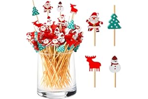 Bekeify 200 Pezzi Bastoncini da Cocktail 12cm Stuzzicadenti Lunghi per Frutta con Quattro Modelli Natalizi Spiedini in Legno di bambù per Cocktail Aperitivo Antipasti Dessert Forniture Natale Feste