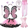 Azonee 10 Pcs Girls Butterfly Costume Set Fairy Princess Tutu Dress Wings Veil Wand Gloves Headband for Girls Butterfly Birthday Dress Up (Pink, Black, Spotted Style)