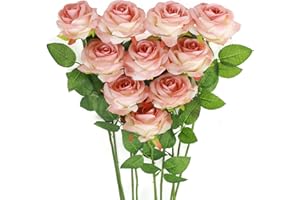 Justoyou - 10 rosas artificiales de seda de un solo tallo para casa, fiesta, boda o ramo (rosa)