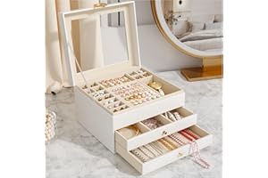 OrderlyGo Caja Grande para Joyas 3 Niveles – Organizador Elegante para Anillos, Collares y Pendientes – 24 Compartimentos, Tapa Transparente –para Mujer(Blanco mate)