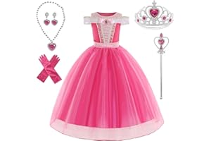 Disnnie Vestido de niña bella Aurora - vestido de fiesta de princesa dormida vestido de lujo collar de pendientes de cuello de corona brazalete de niña de 2-9 años mangas