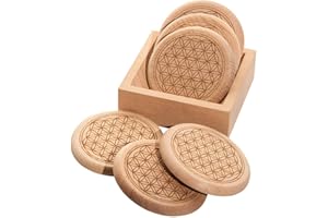 SPRUCHREIF | Dessous de Verre/Couvercle en Verre avec Support en Bois | Motif Fleur de Vie (Ensemble de 6) | Cadeau ésotérisme | Cadeaux spirituels