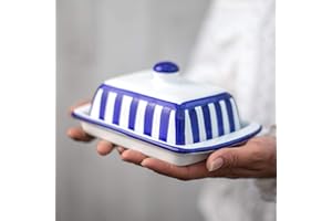 City to Cottage Beurrier à rayures bleu marine et blanches en céramique fait et peint à la main