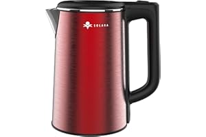 SOLARA Bouilloire électrique 1.8L | Bouilloire à thé/café à double paroi en acier inoxydable 100% sans BPA avec protection contre la surchauffe, sans fil avec arrêt automatique | Rouge métallique