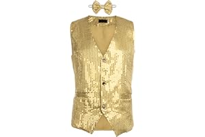 FELCIA Mens Sequin Waistcoat Sleeveless Deep V Neck Button Down Slim Vest Top Elegant Suit Waistcoat with Bow for Party Wedding