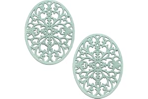 SUMTree Pack of 2 Oval Cast Iron Trivets, Decorative Heavy Duty Hot Pot Holder Mat, Vintage Pattern Cast Iron Trivet with Rubber Pegs for Kitchen Dining Table, 24.5 * 18.5 * 1.8cm, Green