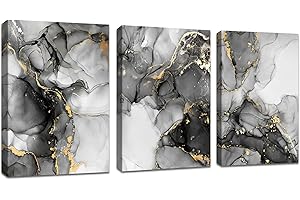 FajerminArt 3 Panels Framed Canvas Wall Art Marble Gray Gold White Pictures Printing Painting Poster Canvas Prints Wall Decor for Bedroom Living Room Bathroom Office Ready to Hang 30x40cmx3Pcs