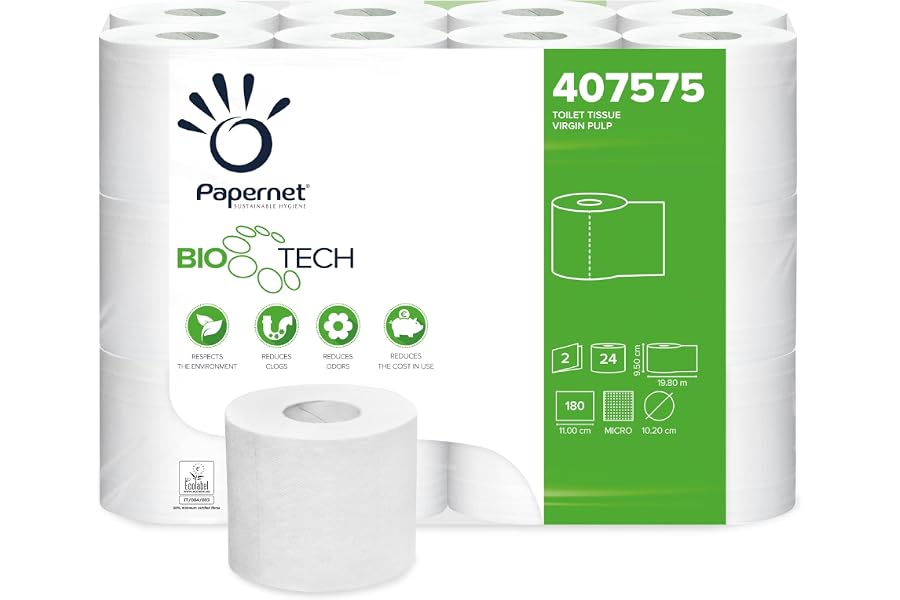 Papernet Bio Tech, 24 Rotoli di Carta Igienica a 2 Veli | (407575), Rotoli in Pura Cellulosa da 19,8 m Ciascuno, 180 Strappi 