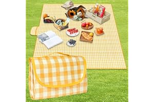 AYBUY Picnic Blanket,Extra Large Tartan Picnic Mat With Carrying Handle Foldable and Portable 150CM X 200CM,Picnic Camping Blanket for Camping, Park, Garden, Beach, Outdoor,Yellow and White Grid