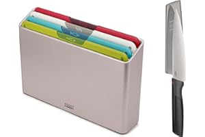 Joseph Joseph Folio Icon, 4-Piece Colour coded Chopping Board Set, Slimline Case for Organised Kitchen Storage with Chef's Knife- Regular, White