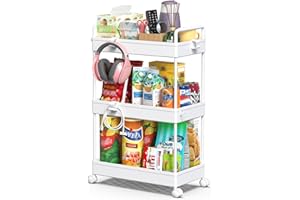 SOLEJAZZ 3-Tier Storage Trolley Cart Slide-out Rolling Utility Cart Mobile Storage Shelving Organizer for Kitchen, Bathroom, Laundry Room, Bedroom, Narrow Places, Plastic,White
