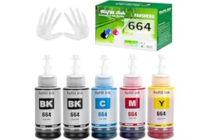 FANSHENG 664 Ink Compatible with 664 ink refill bottles for ET-14000 ET-2500 ET-2550 ET-2600 ET-2650 ET-3600 ET-4500 ET-4550 ET-15000 ET-16500 L100 L110 L200 L210 (5 Pack 2BK/C/M/Y)