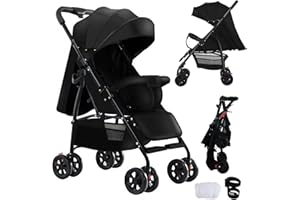 Veitoalioy Ultraleggero Passeggino di Soli 4,6 kg, Carrozzina per Neonati Pieghevole Portatile, Passeggino da Viaggio con Posizione Sdraiata Regolabile, Passeggino Compatto Fino a 15 kg (A8 Black)