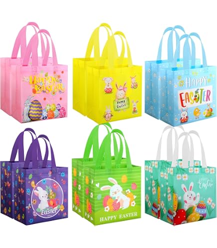 Sacs Cadeaux Pâques Kraft - Lot 12 Avec Autocollants, Pinces, Cartes, Pour Œufs & Bonbons
