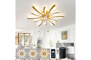 LJX Lustre Ventilateur de Plafond 78cm Luminaire Ventilateur Plafonnier Compatible avec Alexa Minuterie Silencieux 6 Vitesses Réversible pour Chambre Salon, Or