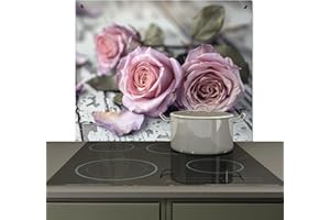 KitchenYeah© Spritzschutz Herd Küchenrückwand Vinyl 60x52 cm Küchen Zubehör Küchenwand, Herdabdeckung Induktionsmatte Rosen - Vintage - Rosa - Holz