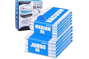 BUOAZR Sacs de Rangement Sous Vide Aspirateur 10 Pièces, 5XL 100x80cm + 5M 50x70cm, Housses de Rangement Sous Vide Réutilisable Stockez Vêtements la Literie et les Bagages