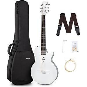 Enya Nova Go Carbon Fiber Acoustic Guitar 1/2 Size Beginner Adult Travel Acustica Guitarra w/Starter Bundle Kit of Colorful Packaging, Acoustic Guitar Strap, Gig Bag, Cleaning Cloth, String(White)