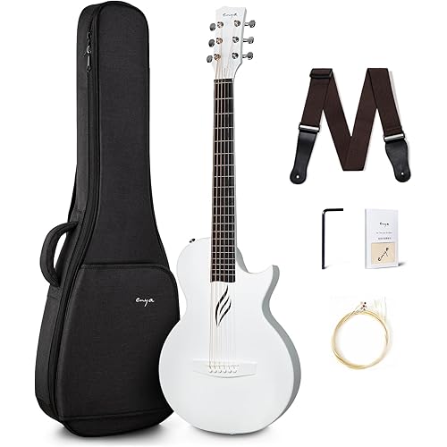 Enya Nova Go Carbon Fiber Acoustic Guitar 1/2 Size Beginner Adult Travel Acustica Guitarra w/Starter Bundle Kit of Colorful Packaging, Acoustic Guitar Strap, Gig Bag, Cleaning Cloth, String(White)