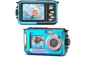 Helangel Unterwasserkamera, wasserdicht, Full HD 2,7 K, 24 MP, Digitalzoom, 16-fache Kamera, mit Doppelbildschirm, für Jugendliche, Schüler, Anfänger, Blau