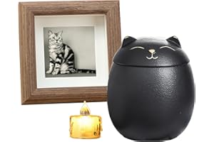 UMBERDOM Ceramic Cat Urns for Ashes with Photo Frame & Candle, Handicrafted Keepsake Memorial Gift For Pets, Cat,Small Dog Rabbit Bird (Black, L)