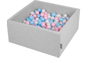KiddyMoon Piscina de Bolas 90 x 40 cm/200 Bolas de 7 cm de diámetro con Bolas de Colores para bebés niños Cuadrados, Gris Claro: Azul bebé, Rosa/Perla
