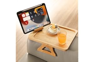 GEHE Bamboo Couch Arm Table, Foldable Sofa Arm Tray with 360° Rotatable Phone Holder, Armrest Tray for Small Space, Couch Clip on Tray, Remote Control, Natural, 33×23×3cm