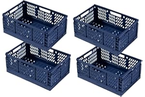 EURXLQ 4 Cestino Portaoggetti Pieghevole e Impilabile, Cassetta in Plastica per La Cucina, Bagno, Ufficio (Blu, 30×20×12cm)