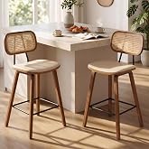 Ya-Home Set of 2 High Kitchen Stools with Rattan Back, Wood | High Chair PU Leather, Rattan Back, Wooden Legs, Metal Macro, C