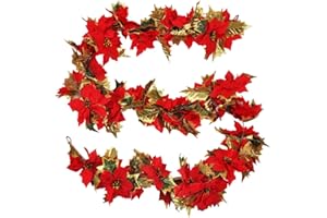 HUAESIN 180cm Weihnachtsgirlande Weihnachtsstern Girlande mit Gold Blätter Weihnachten Girlande Tannengirlande Deko für Treppe Kamin Tür Küche Aussen Weihnachtsdeko Rot Gold