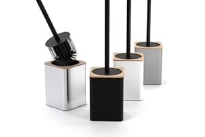 SAVEGA - Cepillo WC de Silicona Negro en imitación bambú - Escobilla baño con Mango de Acero Inoxidable y protección antigoteo - Cepillo Inodoro Moderno