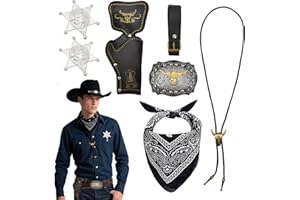SAIIURV 7 Piezas Juego de Accesorios para Disfraz de Vaquero Occidental, con Bandana, Cinturón, Hebilla de Bolo, Corbata, Collar, Insignia de Sheriff, Cowboy Outfit Kit for Hippie Disco Party (Negro)