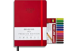 Agenda Giornaliera 2025, Diario di BELIAYAS con Passante per Penna, Chiusura Elastica, Copertina Rigida in Pelle PU, 12 Mesi, 12 Colori Fineliner (0.4mm), A5, Intervalli di 1h, 201 Pagine, Rosso