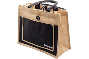 LERANXIN Sac Jute, 30×25×13 cm Avec Poches Latérales à Boutons Noirs Sac Cabas en Toile, Réutilisable Sac à Provisions en Jute, pour le Shopping, Les Sorties, le Camping, le Magasin