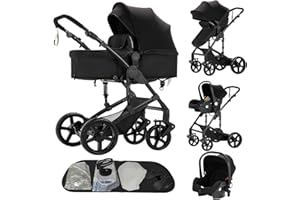Reenborn Kinderwagen 3 in 1, Buggy mit Zwei Umkehrbaren Schiebemodi, Kinderwagen mit Rahmen Aluminiumlegierung, Babywagen 3 in 1 Komplettset mit Ein-Klick-Faltdesign Hohe Landschaft (588 Black)