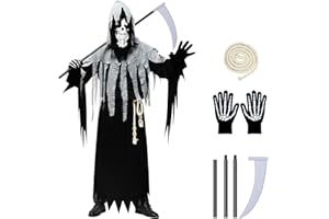 DAOUZL Disfraz de Halloween,Disfraz de Parca con Máscara de Calavera,Guantes,Guadaña,Disfraces Halloween Hombre,Disfraz de Halloween Fantasma para Halloween Fiesta,Carnival Costume,Cosplay