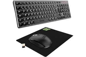 NEWWAY – Pack RF02 Clavier Souris sans Fil avec Tapis – Clavier Wireless Français (AZERTY) 105 Touches 13 Raccourcis Multimédias – Souris WiFi 2.4 GHz 6 Boutons Compacte – Récepteur USB – Noir