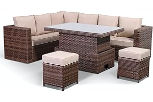 Club Rattan Spring Pansy Range LHF Large Dining Corner Set with Rising Table In Large Brown Weave