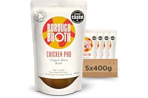 Chicken Pho Bone Broth by Borough Broth - 100% Organic Aromatic Broth - Slow Cooked - High in Protein - 52 Cal per Pack - Delivered Chilled - 5 x 400g