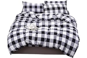 PICTURESQUE Juego de Cama Funda Nórdica de Tartán en Blanco y Negro con Funda de Almohada, Cama 90
