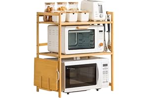 ‎VINTEKY Vinteky Mikrowellen Regal, 2 Ebenen Bamboo Mikrowellenständer Mikrowellenhalte mit 4 Hacken und Schneidebrettständer, Multifunktional Holz Mikrowellenhalterung für Küchen, 35cm*55cm*67cm