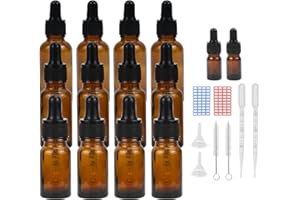 Episkey 12 pezzi Flaconi bottiglie contagocce con imbuto ed etichetta, Bottiglia con pipetta per oli essenziali e altri liquidi, bottiglia di vetro con contagocce e 10 accessori (10+20+30ml)