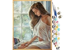 JanFebMar Malen Nach Zahlen Erwachsene Kinder Anfänger,DIY Handgemalt Ölgemälde auf Leinwand Kit mit Leinwand,4 Pinsels und Acrylfarbe für Home Deko Weihnachten,Maid am Fenster 40x50cm