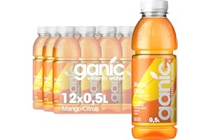 ‎GANIC ganic Vitaminwasser Mango Citrus – 12 x 0,5 L PET-Flaschen – Vitamin Booster mit süßer Mango & spritzigem Citrusgeschmack – 100 % natürlich, vegan, isotonisch & kalorienarm – ohne Konservierungsstoffe